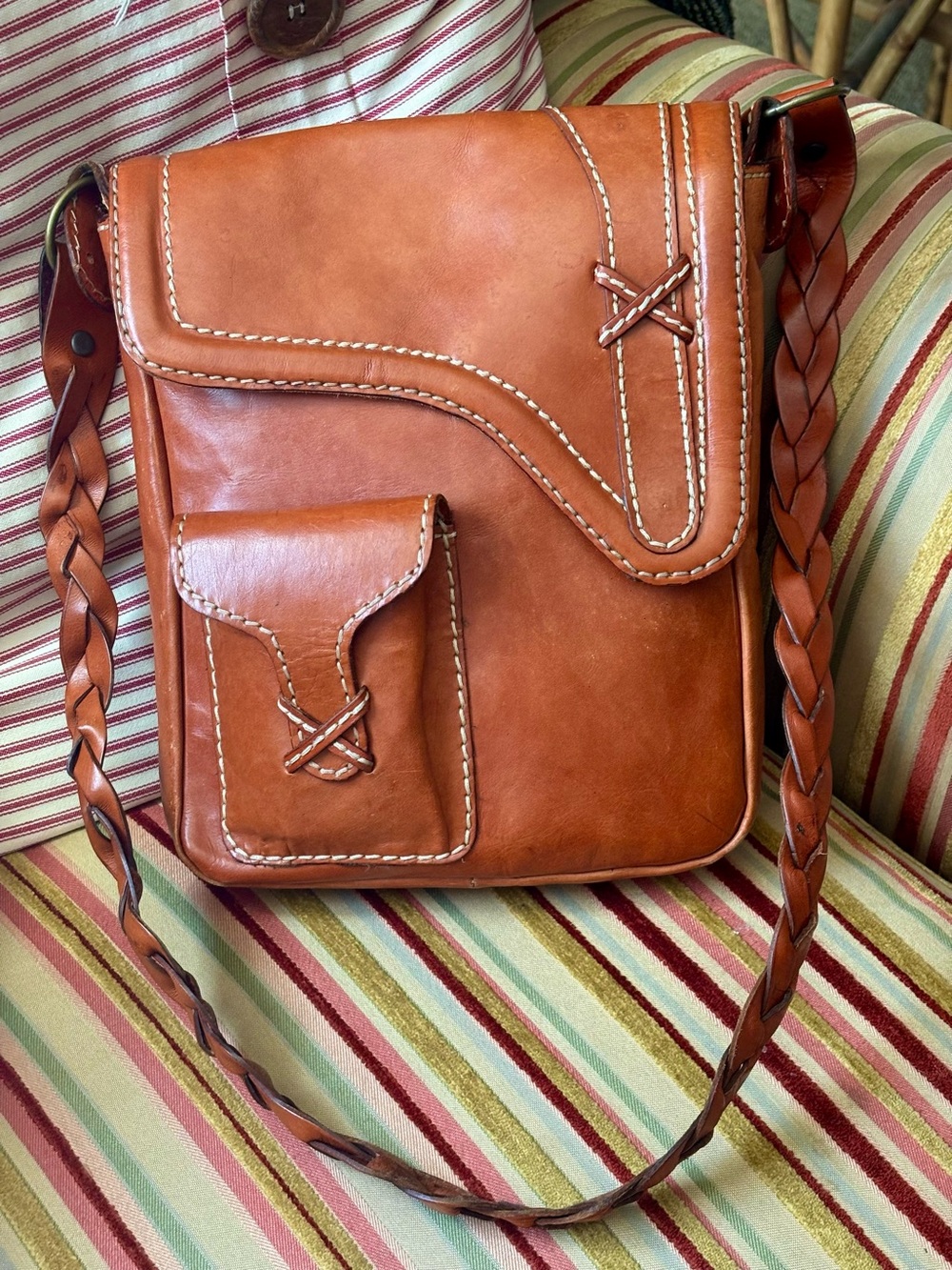 Vintage 1980s Gap Brown Leather Flap Bag | Braided Strap